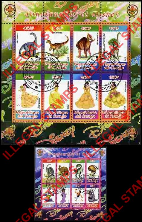 Congo Republic 2010 Disney and Dinosaurs Illegal Stamp Souvenir Sheets of 8