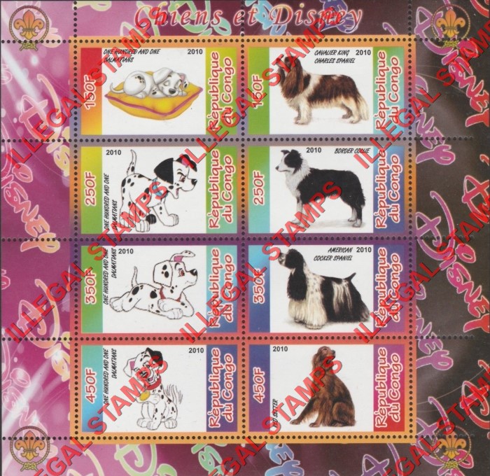 Congo Republic 2010 Disney and Dogs Illegal Stamp Souvenir Sheet of 8