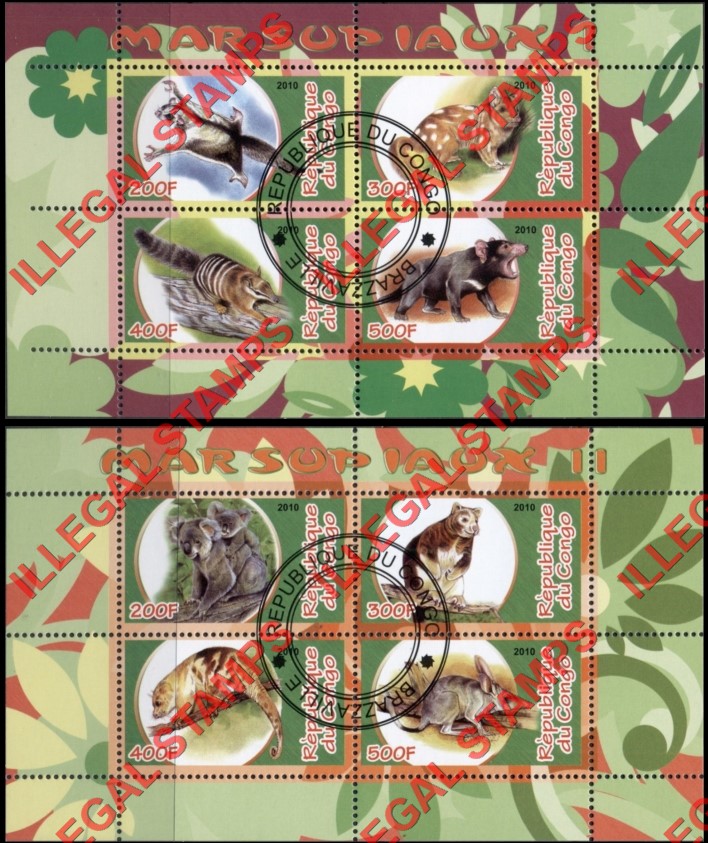 Congo Republic 2010 Marsupials Illegal Stamp Souvenir Sheets of 4