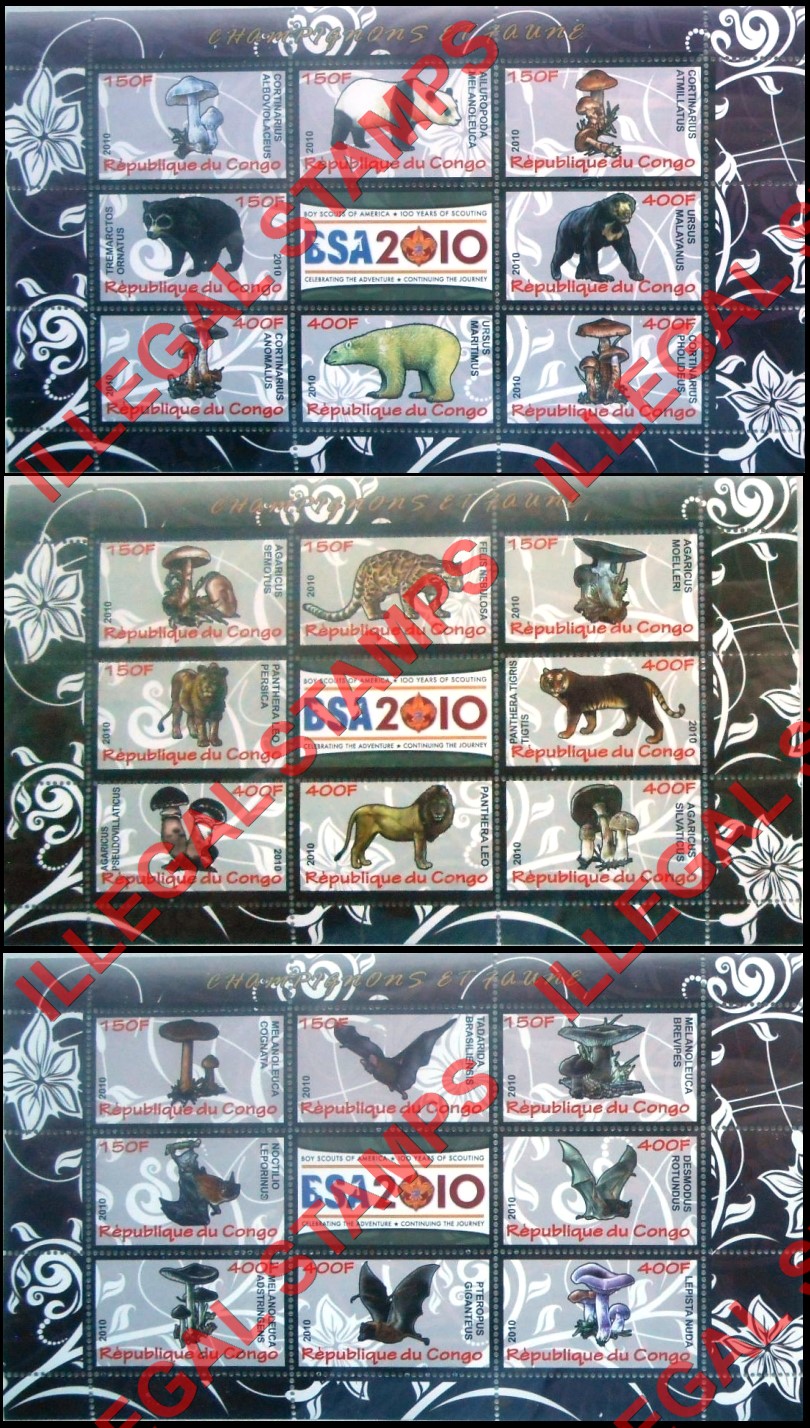 Congo Republic 2010 Mushrooms and Fauna Illegal Stamp Souvenir Sheets of 8 Plus Label (Part 1)