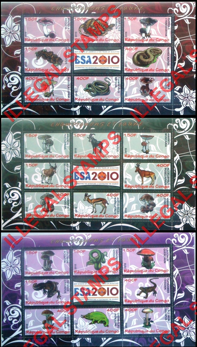 Congo Republic 2010 Mushrooms and Fauna Illegal Stamp Souvenir Sheets of 8 Plus Label (Part 2)