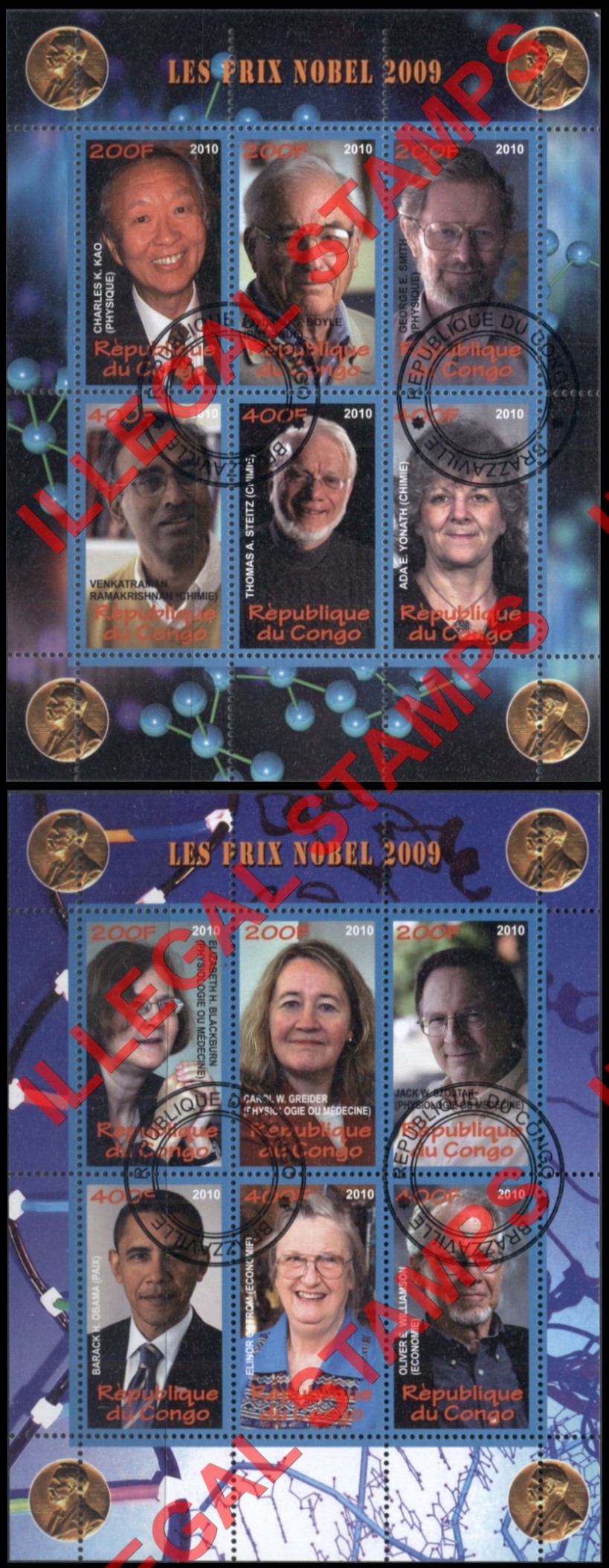 Congo Republic 2010 Nobel Prize Winners Illegal Stamp Souvenir Sheets of 6