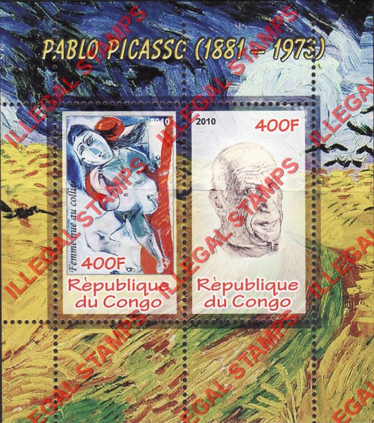Congo Republic 2010 Pablo Picasso Illegal Stamp Souvenir Sheet of 2