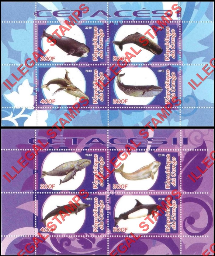Congo Republic 2010 Whales Illegal Stamp Souvenir Sheets of 4