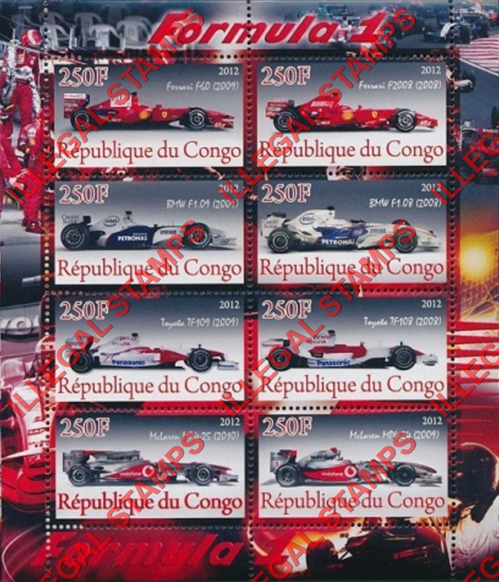 Congo Republic 2012 Formula I Illegal Stamp Souvenir Sheet of 8