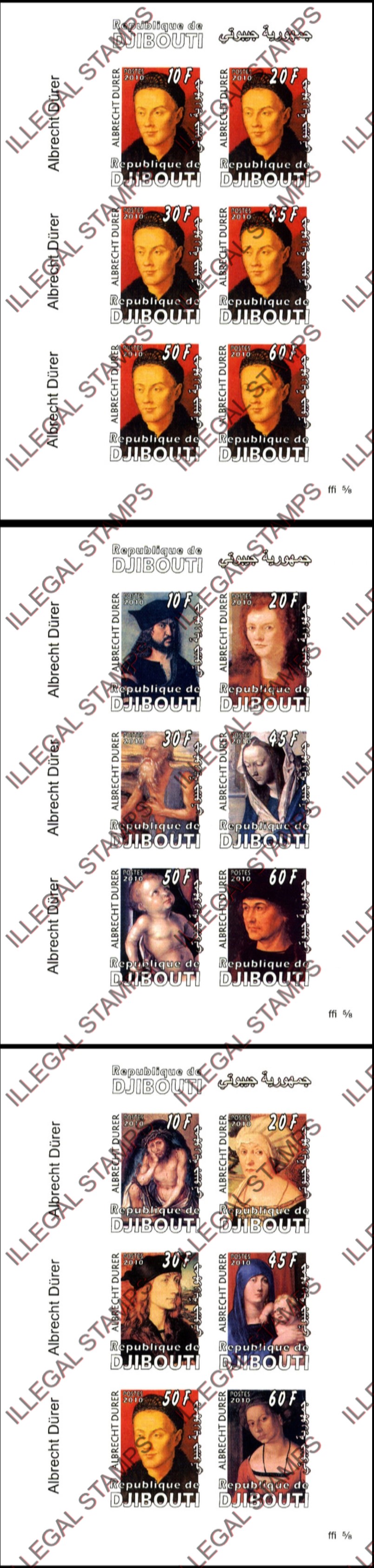 Djibouti 2010 Durer Paintings Illegal Stamp Sheetlets of 6