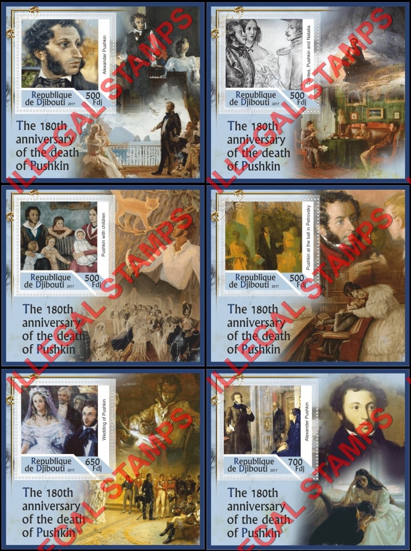 Djibouti 2017 Alexander Pushkin Illegal Stamp Souvenir Sheets of 1