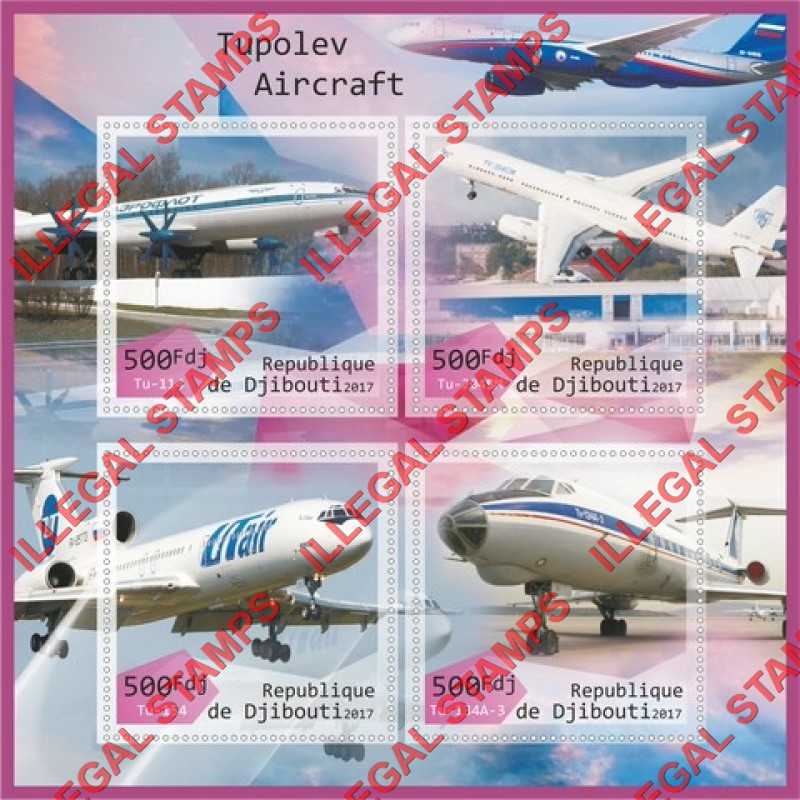 Djibouti 2017 Tupolev Aircraft (different) Illegal Stamp Souvenir Sheet of 4