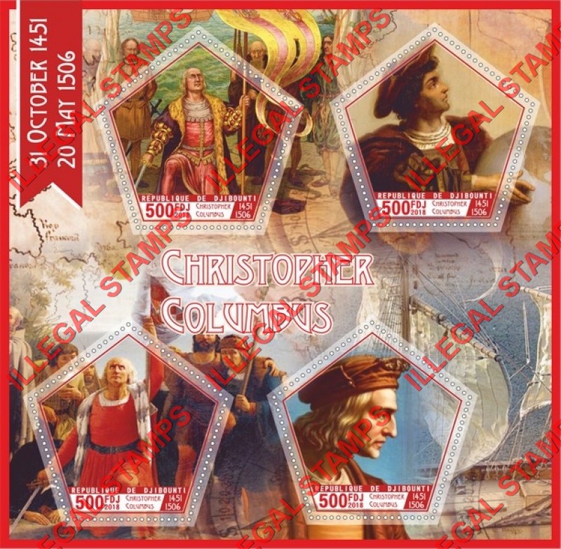 Djibouti 2018 Christopher Columbus Illegal Stamp Souvenir Sheet of 4