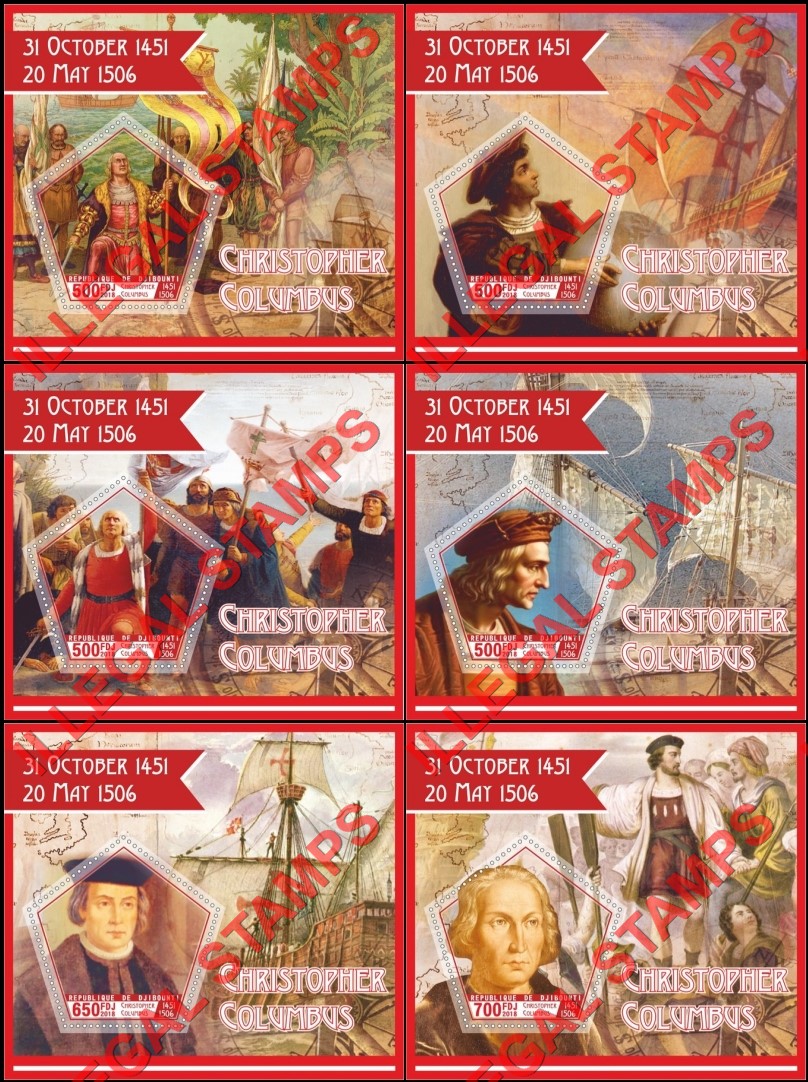 Djibouti 2018 Christopher Columbus Illegal Stamp Souvenir Sheets of 1