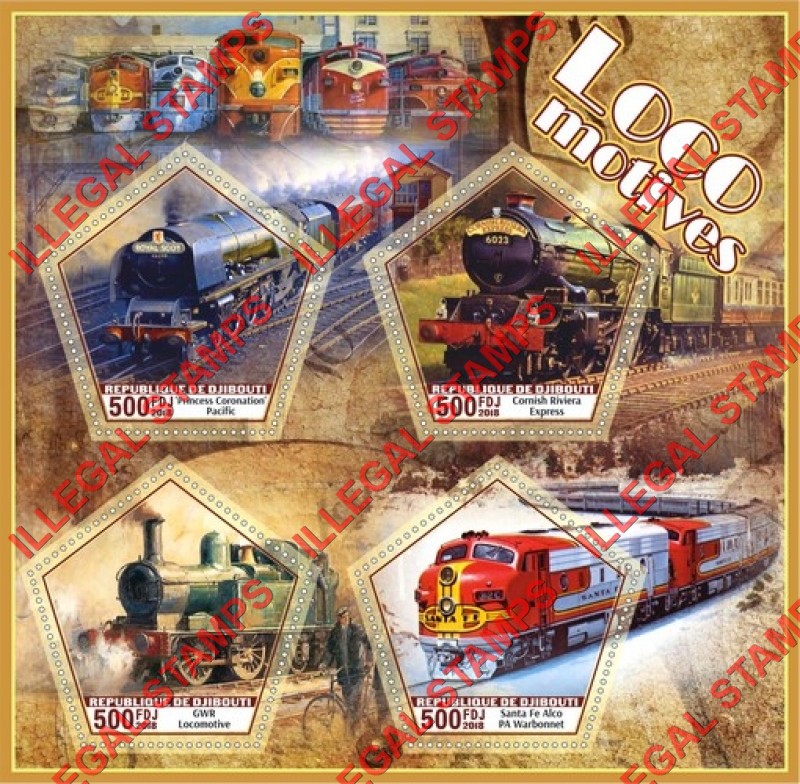 Djibouti 2018 Locomotives (different) Illegal Stamp Souvenir Sheet of 4