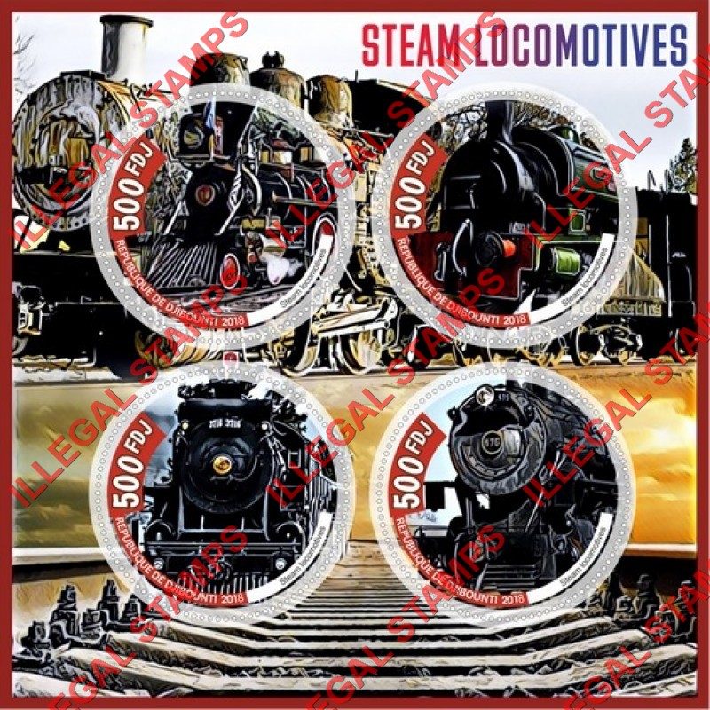 Djibouti 2018 Steam Locomotives Illegal Stamp Souvenir Sheet of 4