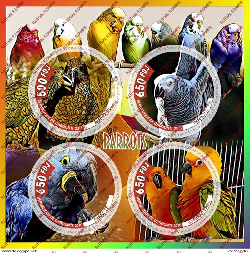 Djibouti 2018 Parrots Illegal Stamp Souvenir Sheet of 4