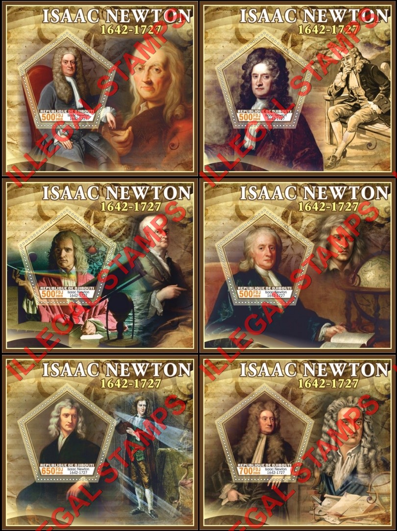 Djibouti 2019 Isaac Newton Illegal Stamp Souvenir Sheets of 1