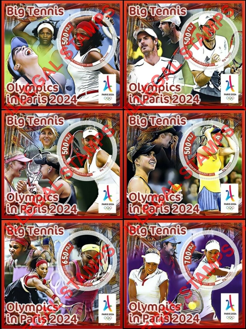 Djibouti 2019 Olympics Tennis Illegal Stamp Souvenir Sheets of 1