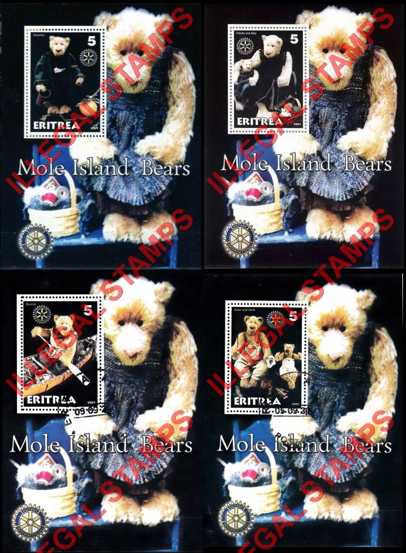 Eritrea 2001 Mole Island Teddy Bears Counterfeit Illegal Stamp Souvenir Sheets of 1
