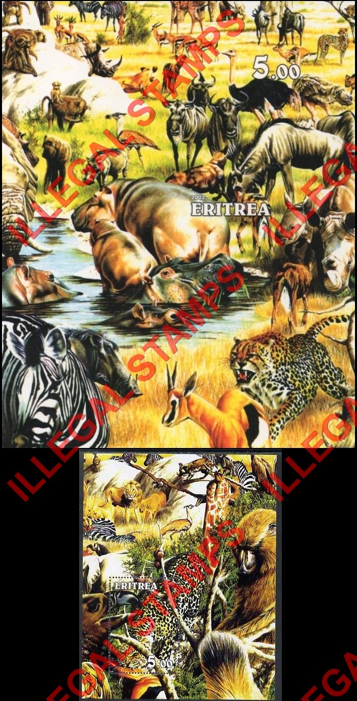 Eritrea 2002 African wildlife Counterfeit Illegal Stamp Souvenir Sheets of 1 Eritrea 2002 African wildlife Counterfeit Illegal Stamp Souvenir Sheets of 1