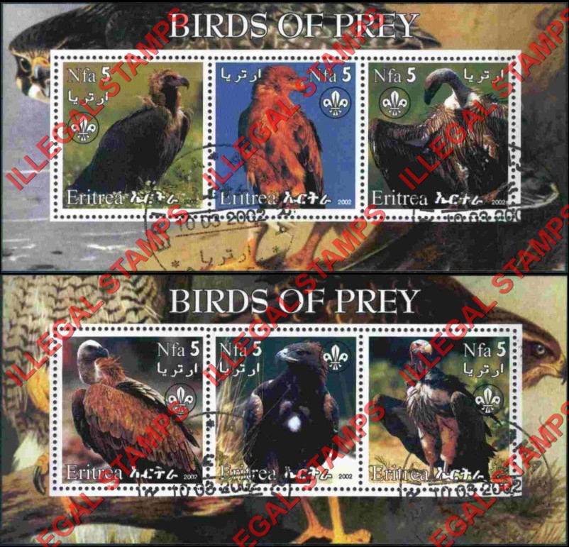 Eritrea 2002 Birds of Prey Counterfeit Illegal Stamp Souvenir Sheets of 3 Eritrea 2002 Birds of Prey Counterfeit Illegal Stamp Souvenir Sheets of 3