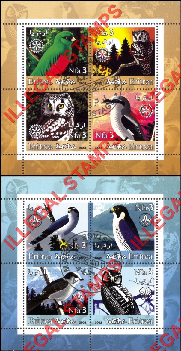 Eritrea 2002 Birds and Owls Counterfeit Illegal Stamp Souvenir Sheets of 4 Eritrea 2002 Birds and Owls Counterfeit Illegal Stamp Souvenir Sheets of 4