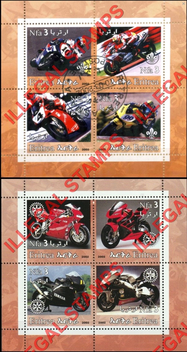 Eritrea 2002 Motorcycles Counterfeit Illegal Stamp Souvenir Sheets of 4 Eritrea 2002 Motorcycles Counterfeit Illegal Stamp Souvenir Sheets of 4