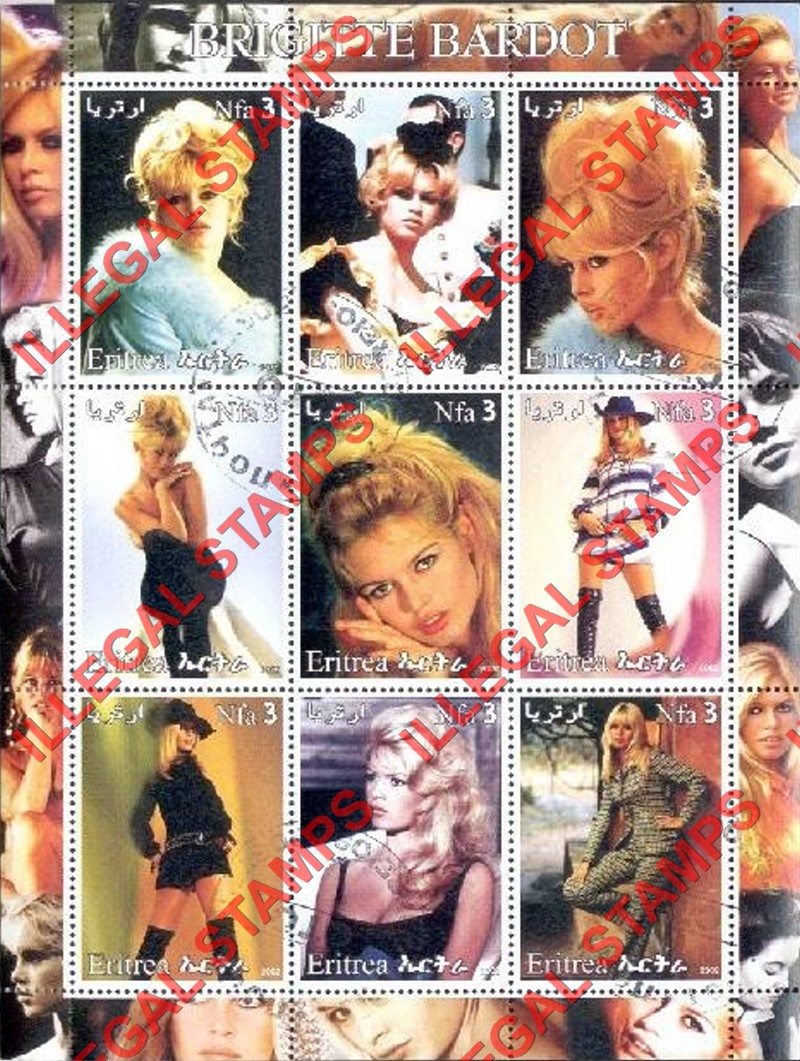 Eritrea 2002 Brigitte Bardot Counterfeit Illegal Stamp Souvenir Sheet of 9 Eritrea 2002 Brigitte Bardot Counterfeit Illegal Stamp Souvenir Sheet of 9