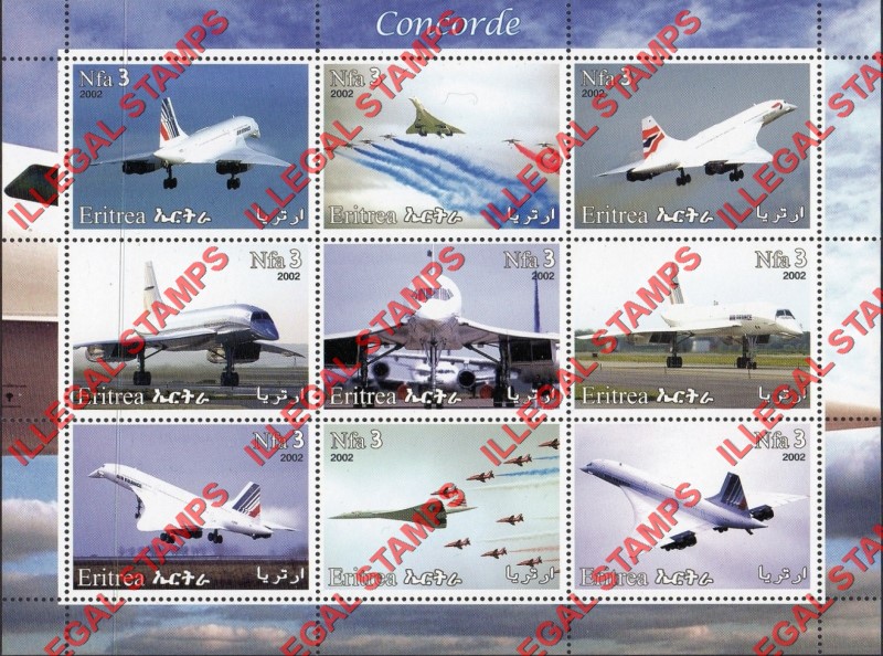 Eritrea 2002 Concorde Counterfeit Illegal Stamp Souvenir Sheet of 9 Eritrea 2002 Concorde Counterfeit Illegal Stamp Souvenir Sheet of 9