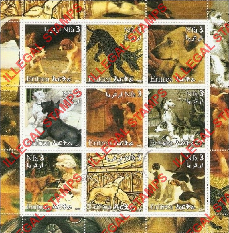 Eritrea 2002 Dogs Counterfeit Illegal Stamp Souvenir Sheet of 9 Eritrea 2002 Dogs Counterfeit Illegal Stamp Souvenir Sheet of 9