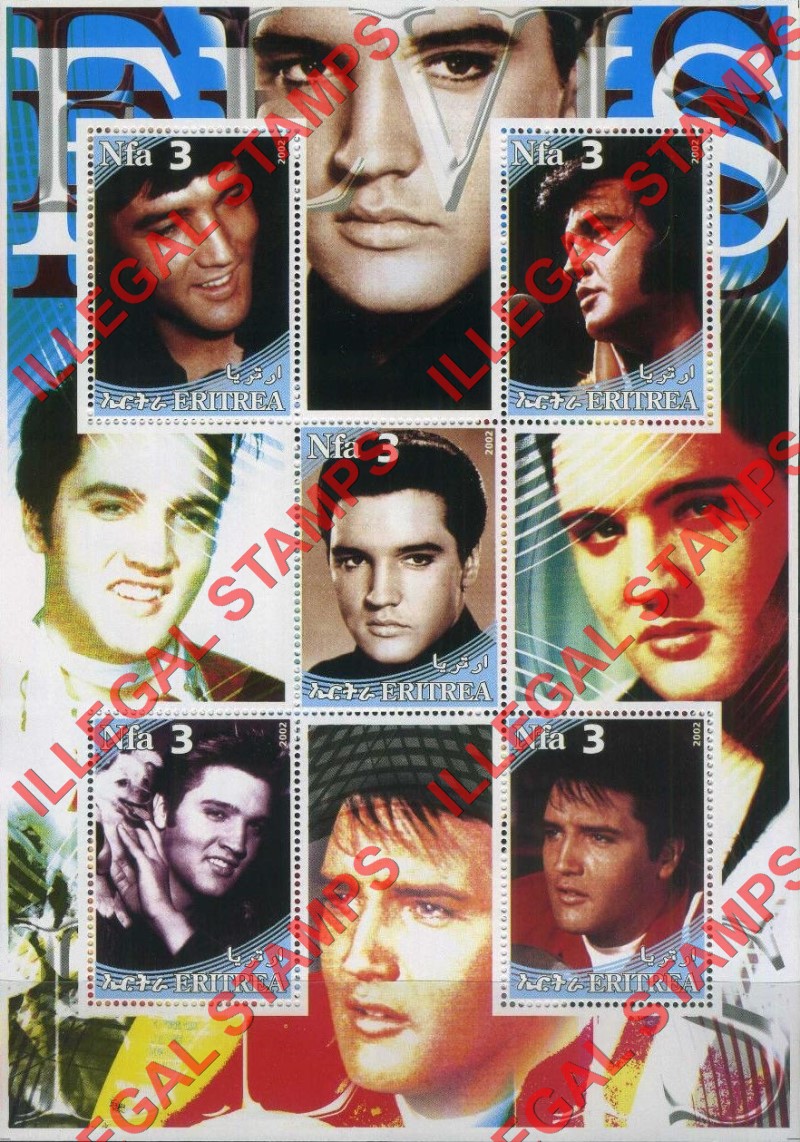 Eritrea 2002 Elvis Presley Counterfeit Illegal Stamp Souvenir Sheet of 5 Eritrea 2002 Elvis Presley Counterfeit Illegal Stamp Souvenir Sheet of 5