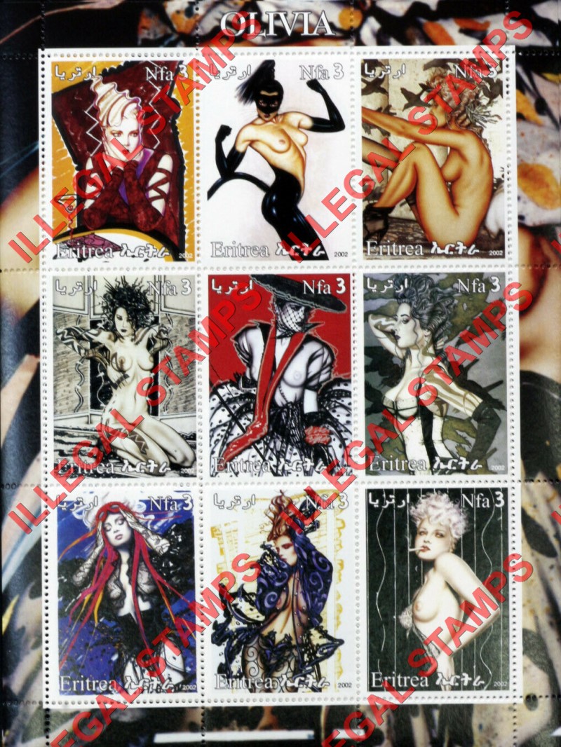 Eritrea 2002 Fantasy Art by Olivia Counterfeit Illegal Stamp Souvenir Sheet of 9 Eritrea 2002 Fantasy Art by Olivia Counterfeit Illegal Stamp Souvenir Sheet of 9
