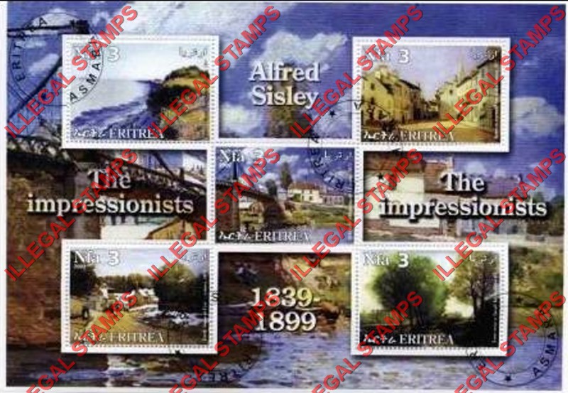 Eritrea 2002 Impressionists Paintings Alfred Sisley Counterfeit Illegal Stamp Souvenir Sheet of 5 Eritrea 2002 Impressionists Paintings Alfred Sisley Counterfeit Illegal Stamp Souvenir Sheet of 5
