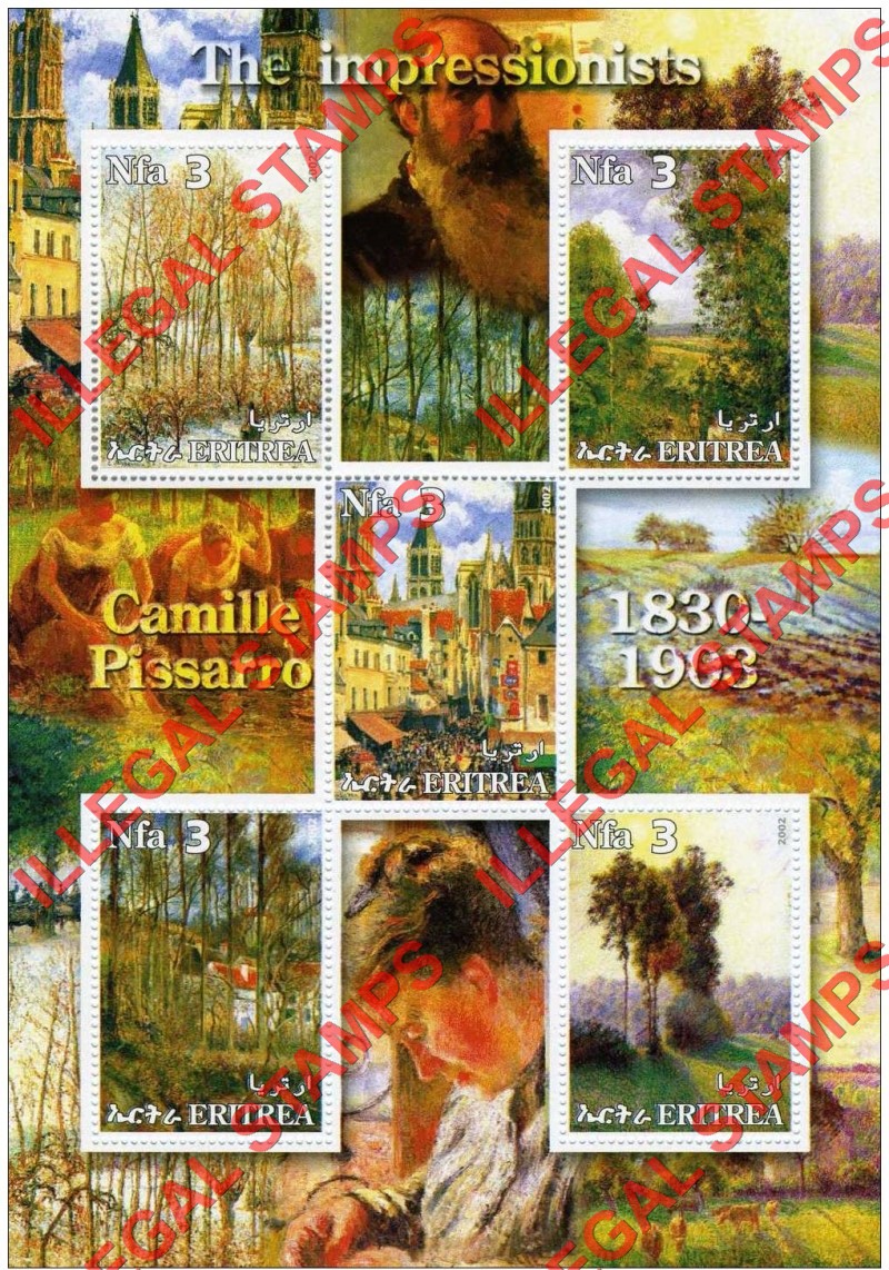 Eritrea 2002 Impressionists Paintings Camille Pissarro Counterfeit Illegal Stamp Souvenir Sheet of 5 Eritrea 2002 Impressionists Paintings Camille Pissarro Counterfeit Illegal Stamp Souvenir Sheet of 5