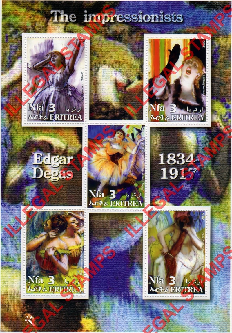 Eritrea 2002 Impressionists Paintings Edgar Degas Counterfeit Illegal Stamp Souvenir Sheet of 5 Eritrea 2002 Impressionists Paintings Edgar Degas Counterfeit Illegal Stamp Souvenir Sheet of 5