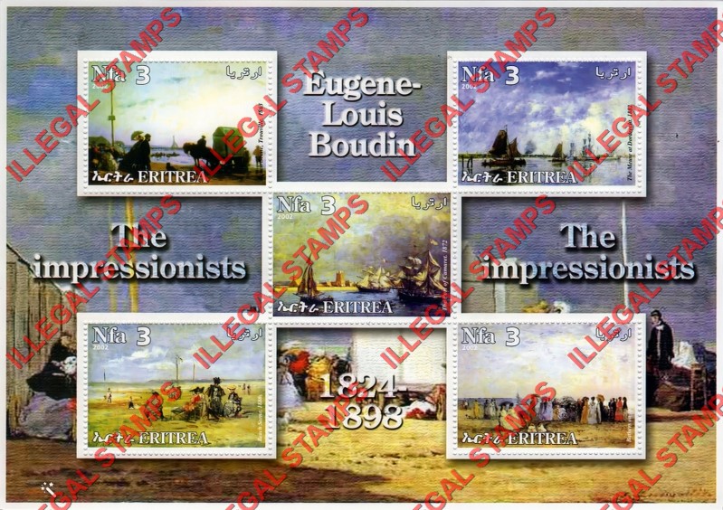 Eritrea 2002 Impressionists Paintings Eugene-Louis Boudin Counterfeit Illegal Stamp Souvenir Sheet of 5 Eritrea 2002 Impressionists Paintings Eugene-Louis Boudin Counterfeit Illegal Stamp Souvenir Sheet of 5