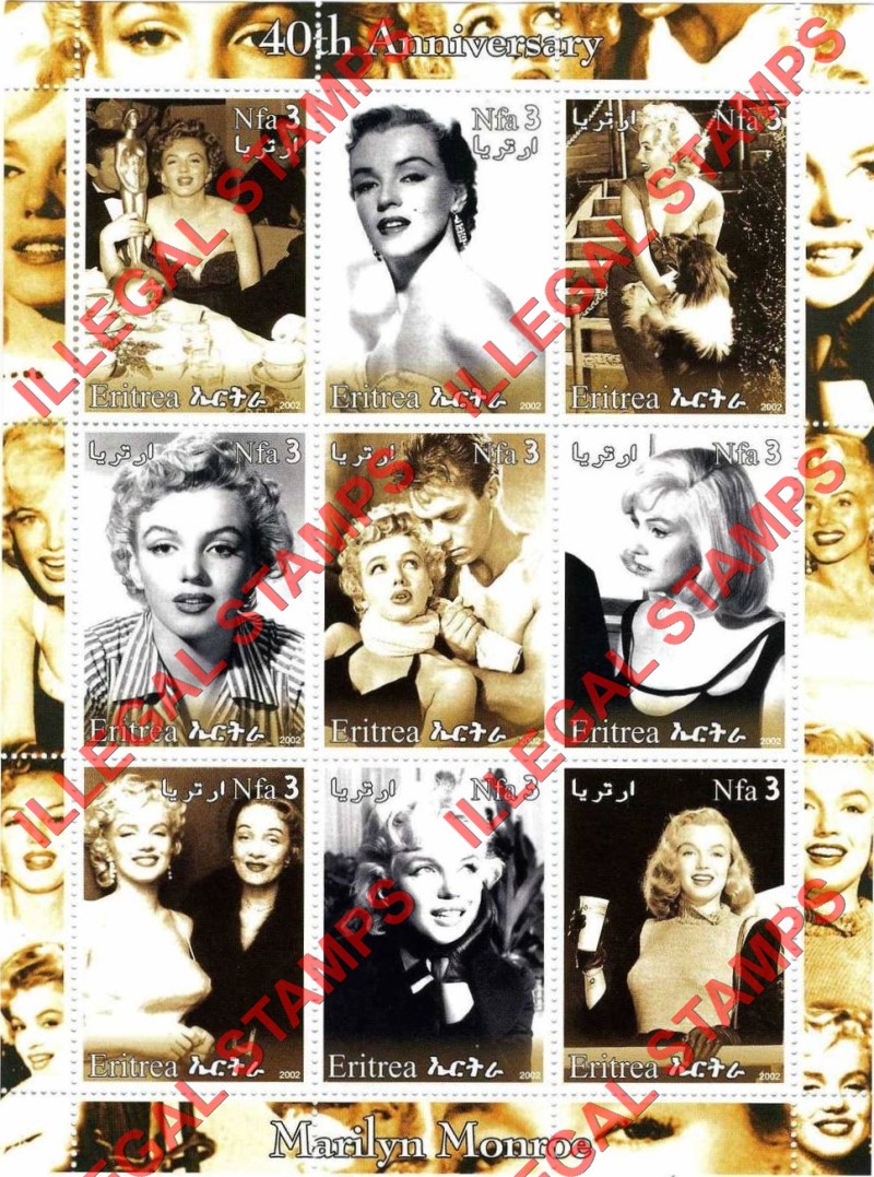 Eritrea 2002 Marilyn Monroe Counterfeit Illegal Stamp Souvenir Sheet of 9 Eritrea 2002 Marilyn Monroe Counterfeit Illegal Stamp Souvenir Sheet of 9
