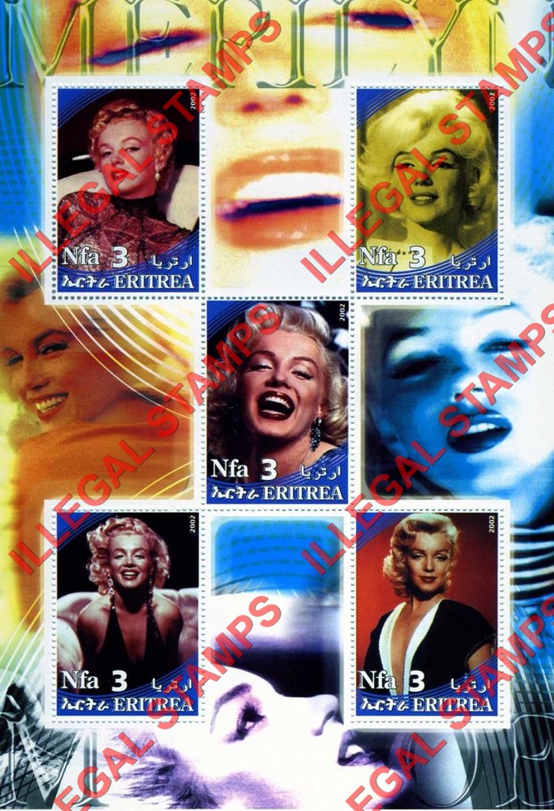 Eritrea 2002 Marilyn Monroe Counterfeit Illegal Stamp Souvenir Sheet of 5 Eritrea 2002 Marilyn Monroe Counterfeit Illegal Stamp Souvenir Sheet of 5