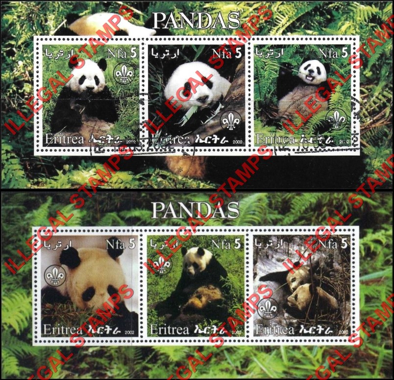Eritrea 2002 Pandas Counterfeit Illegal Stamp Souvenir Sheets of 3 Eritrea 2002 Pandas Counterfeit Illegal Stamp Souvenir Sheets of 3