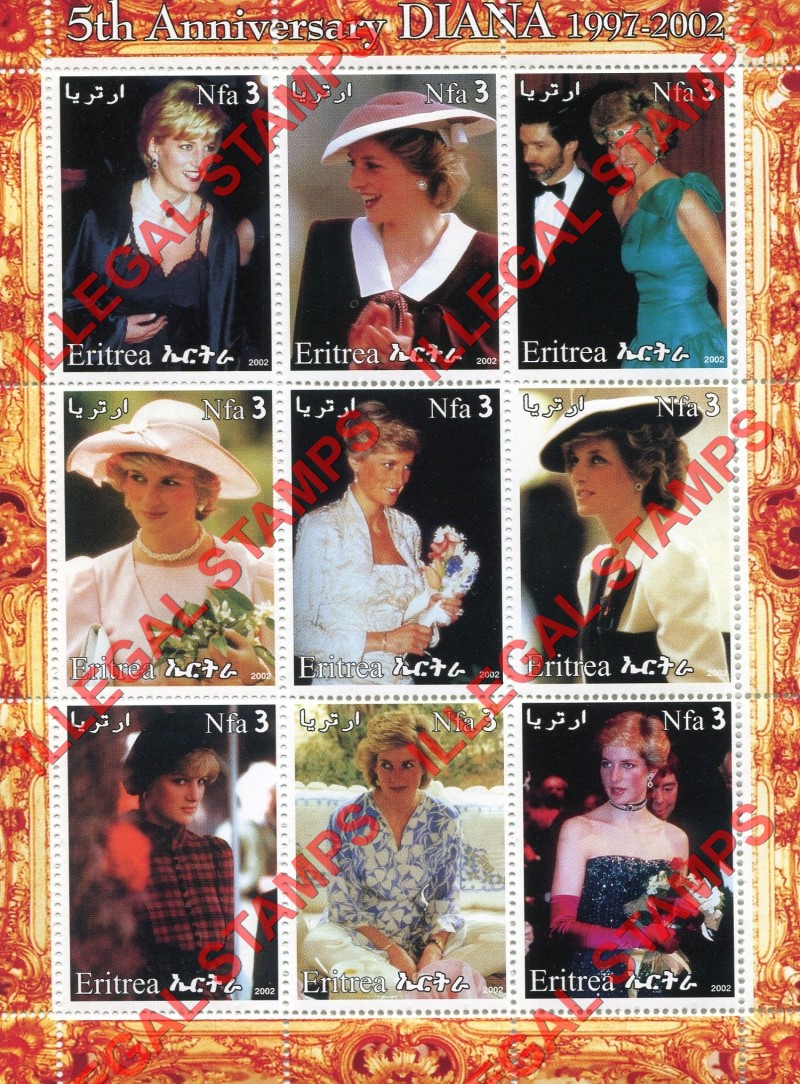 Eritrea 2002 Princess Diana Counterfeit Illegal Stamp Souvenir Sheet of 9 Eritrea 2002 Princess Diana Counterfeit Illegal Stamp Souvenir Sheet of 9