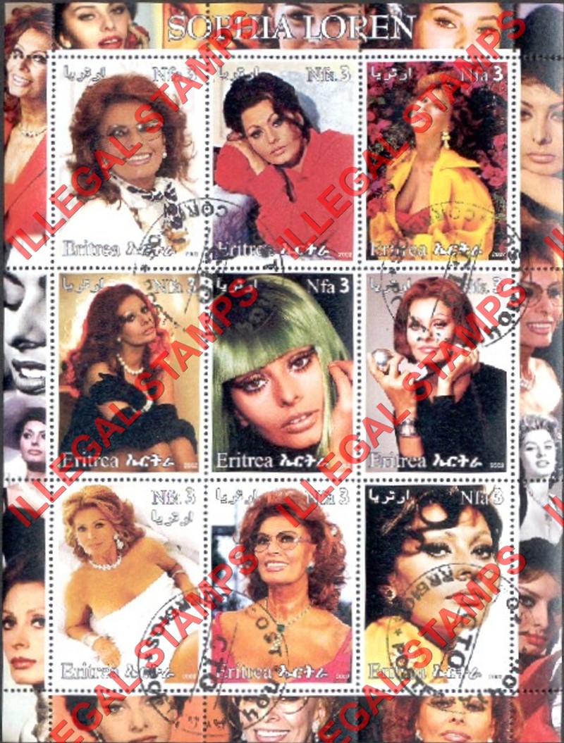 Eritrea 2002 Sophia Loren Counterfeit Illegal Stamp Souvenir Sheet of 9 Eritrea 2002 Sophia Loren Counterfeit Illegal Stamp Souvenir Sheet of 9