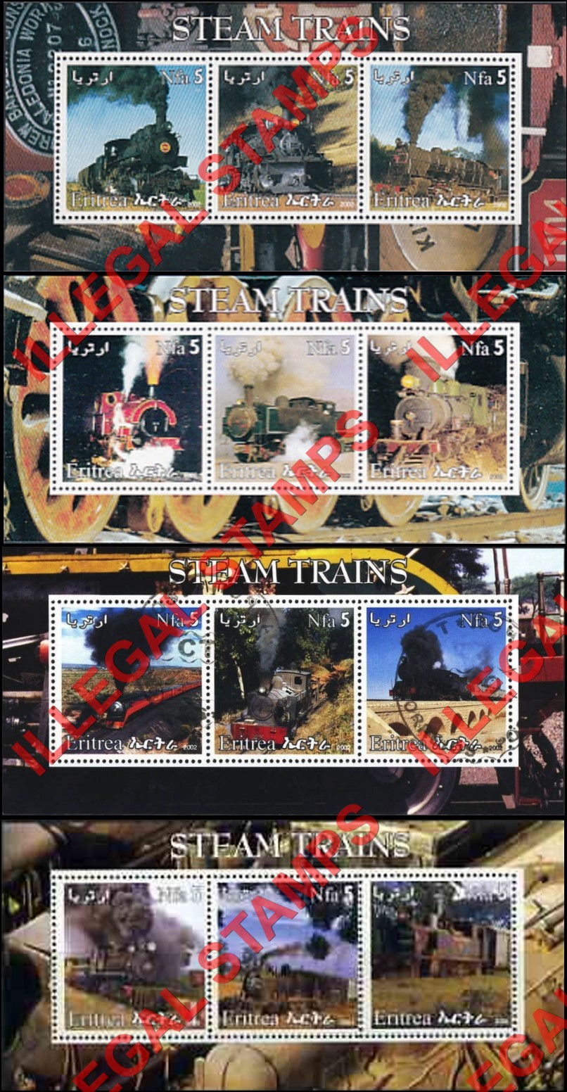 Eritrea 2002 Steam Trains Counterfeit Illegal Stamp Souvenir Sheets of 3 Eritrea 2002 Steam Trains Counterfeit Illegal Stamp Souvenir Sheets of 3