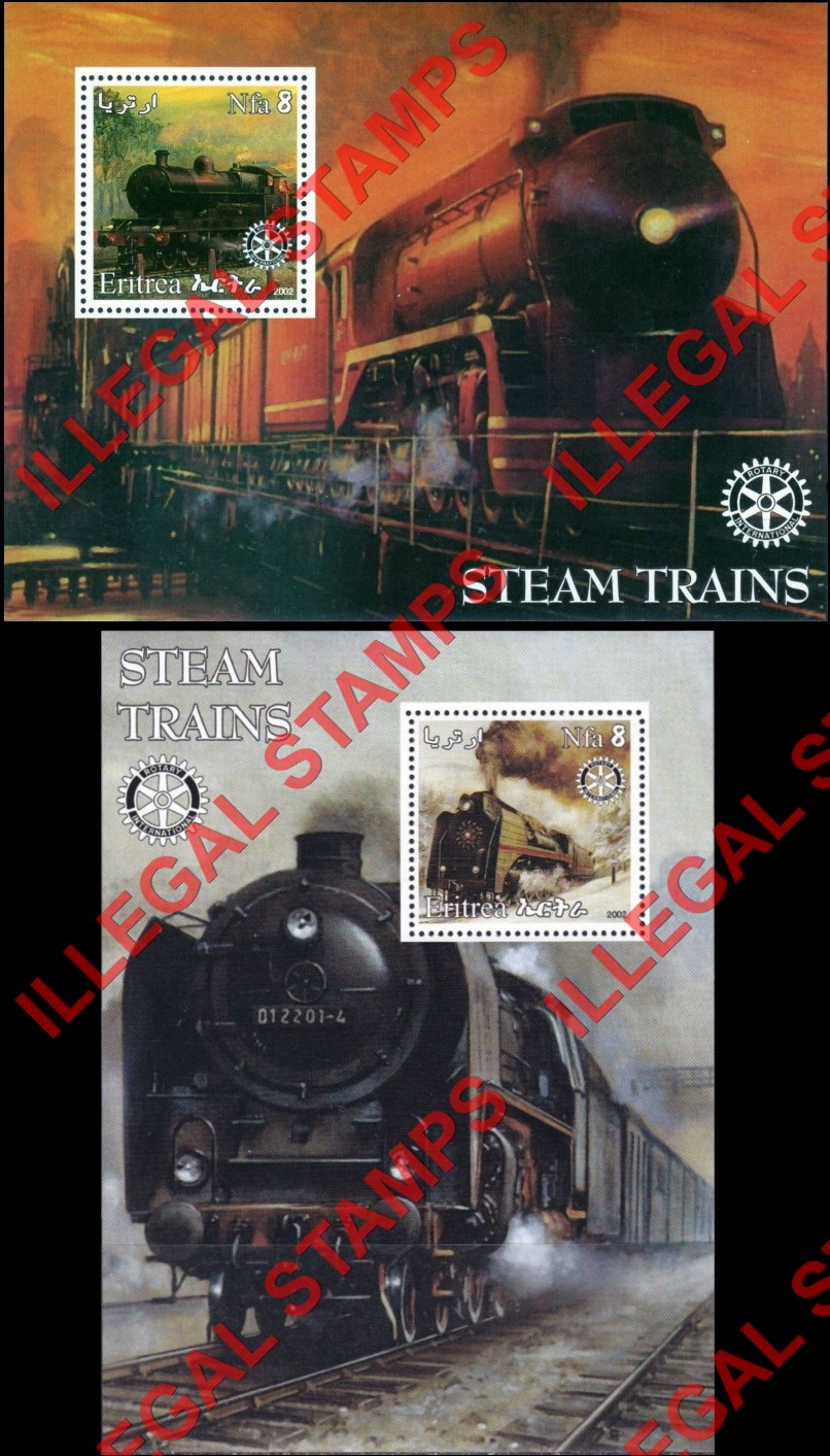 Eritrea 2002 Steam Trains Counterfeit Illegal Stamp Souvenir Sheets of 1 Eritrea 2002 Steam Trains Counterfeit Illegal Stamp Souvenir Sheets of 1