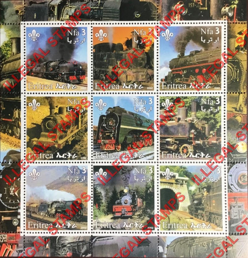 Eritrea 2002 Trains Counterfeit Illegal Stamp Souvenir Sheet of 9 Eritrea 2002 Trains Counterfeit Illegal Stamp Souvenir Sheet of 9