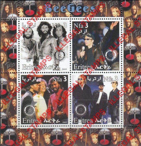 Eritrea 2003 BeeGees Rock Band Counterfeit Illegal Stamp Souvenir Sheet of 4