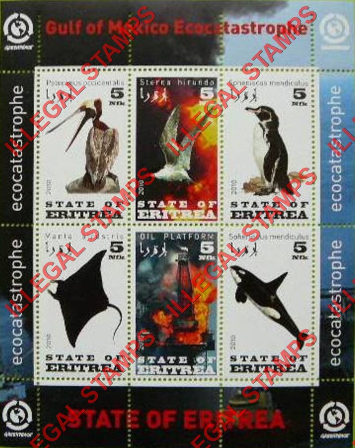 Eritrea 2010 Gulf of Mexico Ecocatastrophe Counterfeit Illegal Stamp Souvenir Sheet of 6 Eritrea 2010 Gulf of Mexico Ecocatastrophe Counterfeit Illegal Stamp Souvenir Sheet of 6