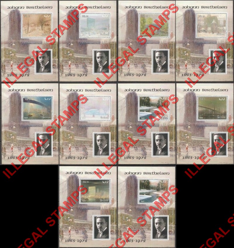 Eritrea 2011 Paintings by Johann Berthelsen Counterfeit Illegal Stamp Souvenir Sheets of 1 Plus Label Eritrea 2011 Paintings by Johann Berthelsen Counterfeit Illegal Stamp Souvenir Sheets of 1 Plus Label