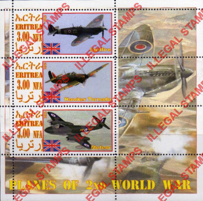 Eritrea 2012 Planes of World War II Great Britain Counterfeit Illegal Stamp Souvenir Sheet of 3 Eritrea 2012 Planes of World War II Great Britain Counterfeit Illegal Stamp Souvenir Sheet of 3