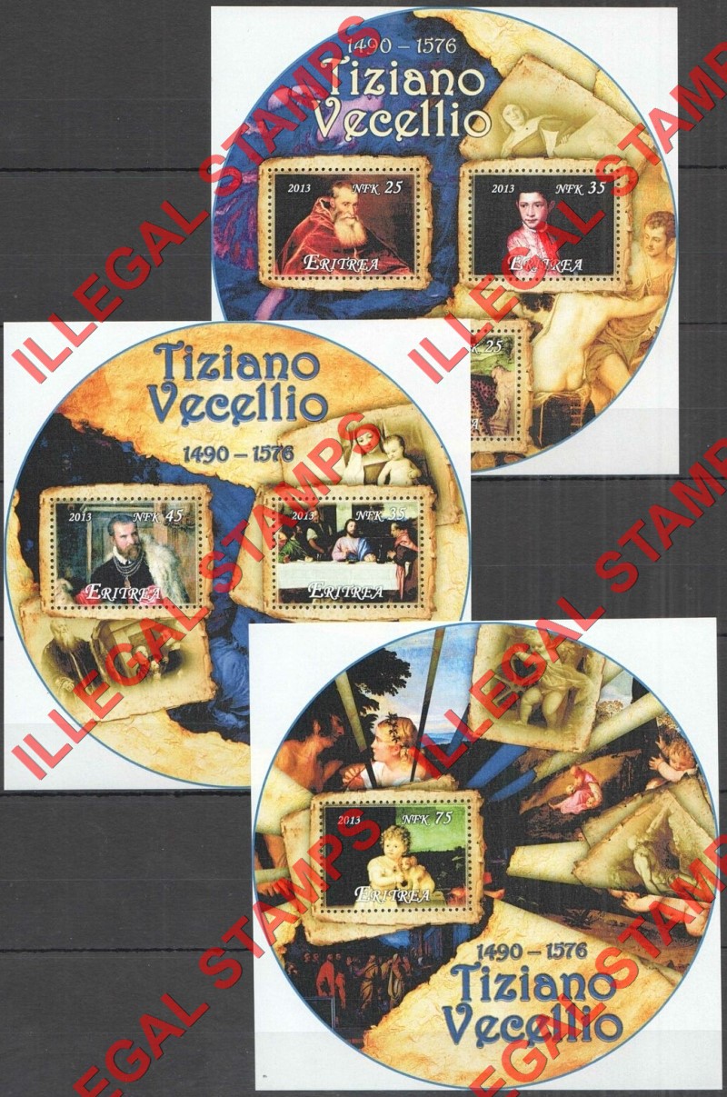 Eritrea 2013 Paintings by Titian Tiziano Vecellio Counterfeit Illegal Stamp Souvenir Sheets of 3, 2 and 1 Eritrea 2013 Paintings by Titian Tiziano Vecellio Counterfeit Illegal Stamp Souvenir Sheets of 3, 2 and 1