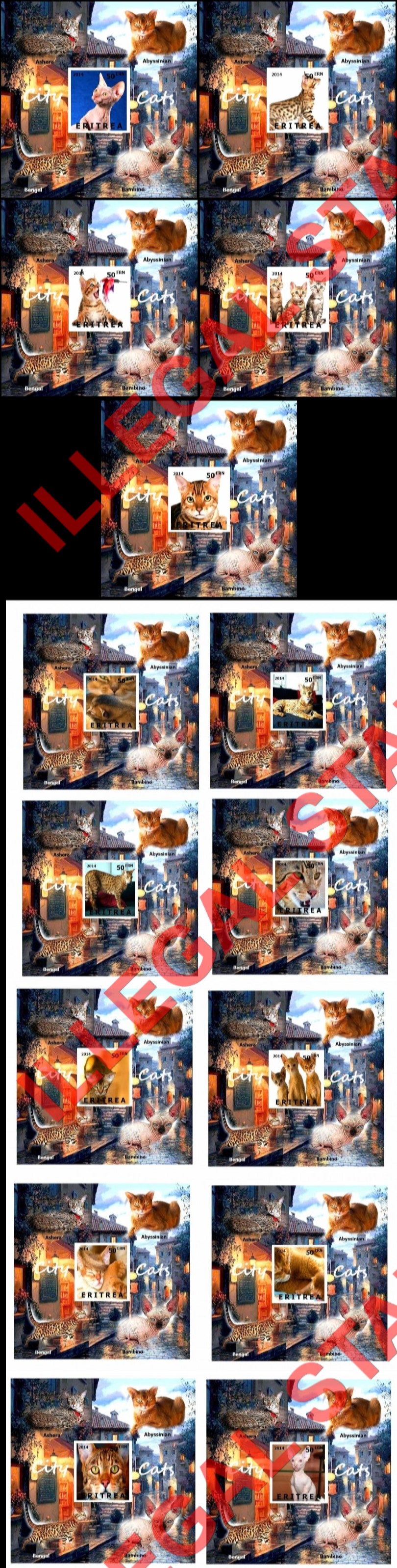 Eritrea 2014 City Cats Counterfeit Illegal Stamp Souvenir Sheets of 1