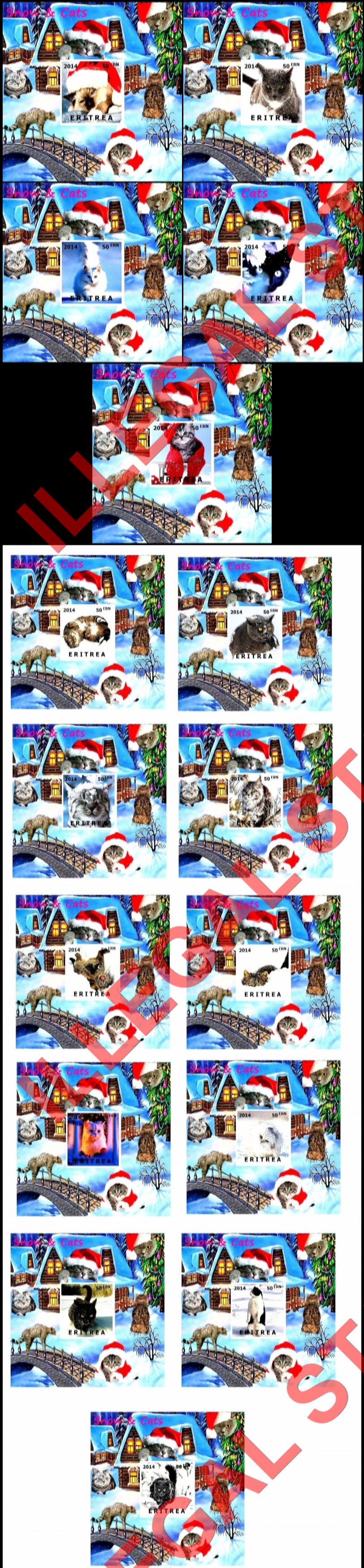 Eritrea 2014 Snow and Cats Counterfeit Illegal Stamp Souvenir Sheets of 1