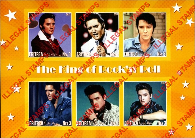 Eritrea 2017 Elvis Presley Counterfeit Illegal Stamp Souvenir Sheet of 6 (Sheet 1)