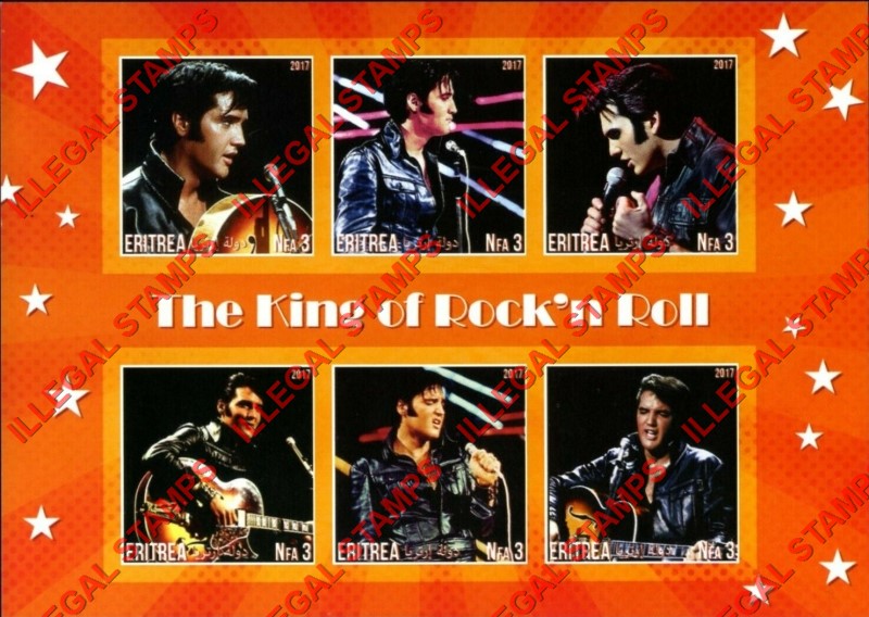 Eritrea 2017 Elvis Presley Counterfeit Illegal Stamp Souvenir Sheet of 6 (Sheet 3)